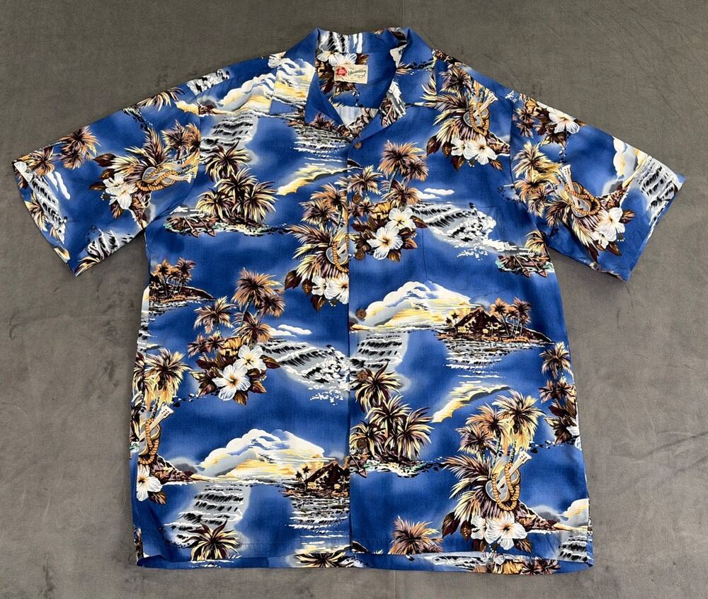 Hilo Hattie The HawaiianOriginal Shirt Mens Size XL Blue Print Ukulele Flower FS
